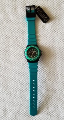 Visage Black/Green Analog Watch Rotating Bezel Silicone Band 5.5''-7.5'' New Batt.