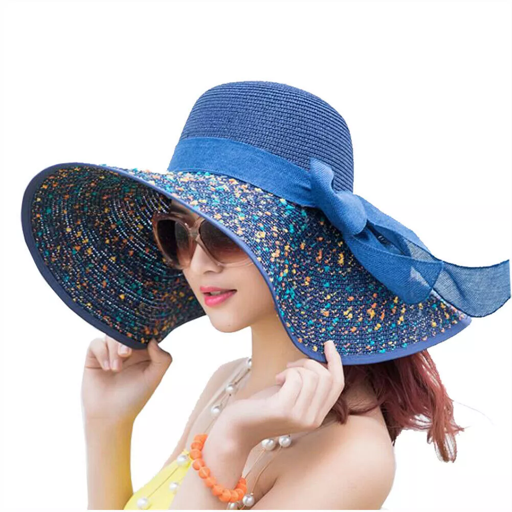 Summer Dark Blue Lady's Sun Hats with Bow Tie and Colorful Decor Floppy Cap  2PCS