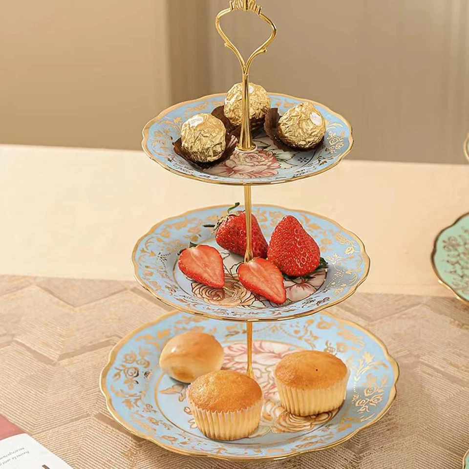 Soporte para pasteles vintage de cerámica de 3 niveles con hermoso patrón clásico de rosas, estante para alimentos Foto 2 de 4