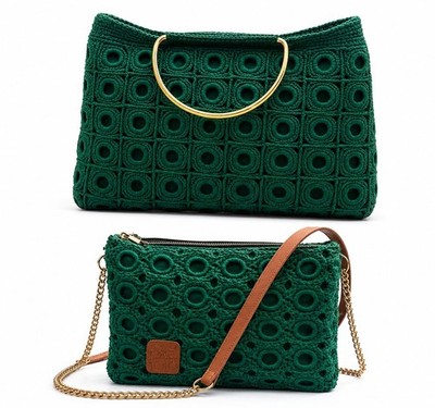 Handmade Royal Green Crochet Handbag Women Boho Shoulder Tote Purse Luxury Bag