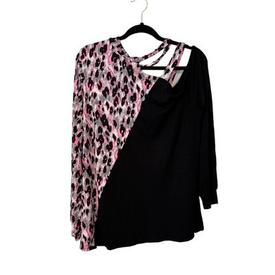 SEW IN LOVE Top Womens 2XL Plus Leopard Print Cut Out Pullover Long Sleeve Black