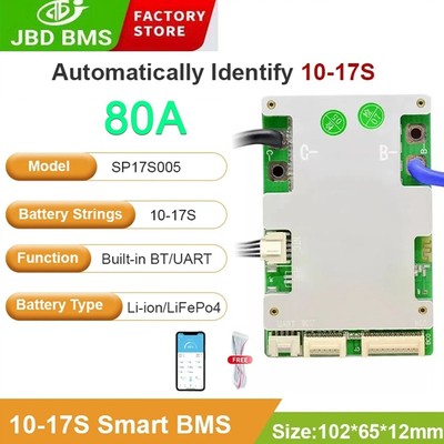 JBD 10S-17S 20A-80A Li-ion Smart BMS Common Port w/ Balance 36/48/60V Bluetooth
