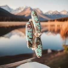 Huge Signed Silver Ray Spiderweb Turquoise Sterling Ring Native American Vintage