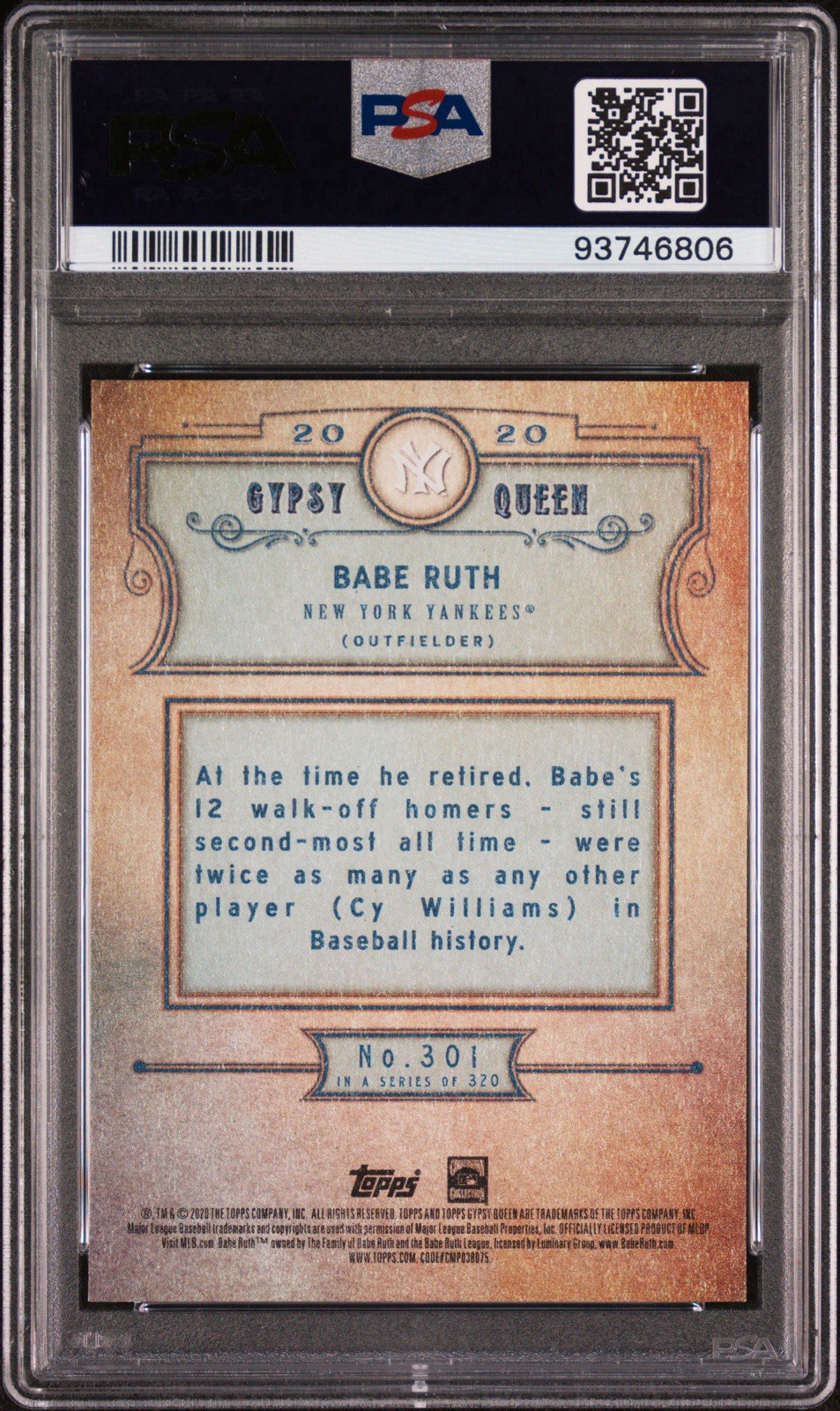 2020 Topps Gypsy Queen #301 Babe Ruth Missing Nameplate SP PSA 10 GEM MT view 2