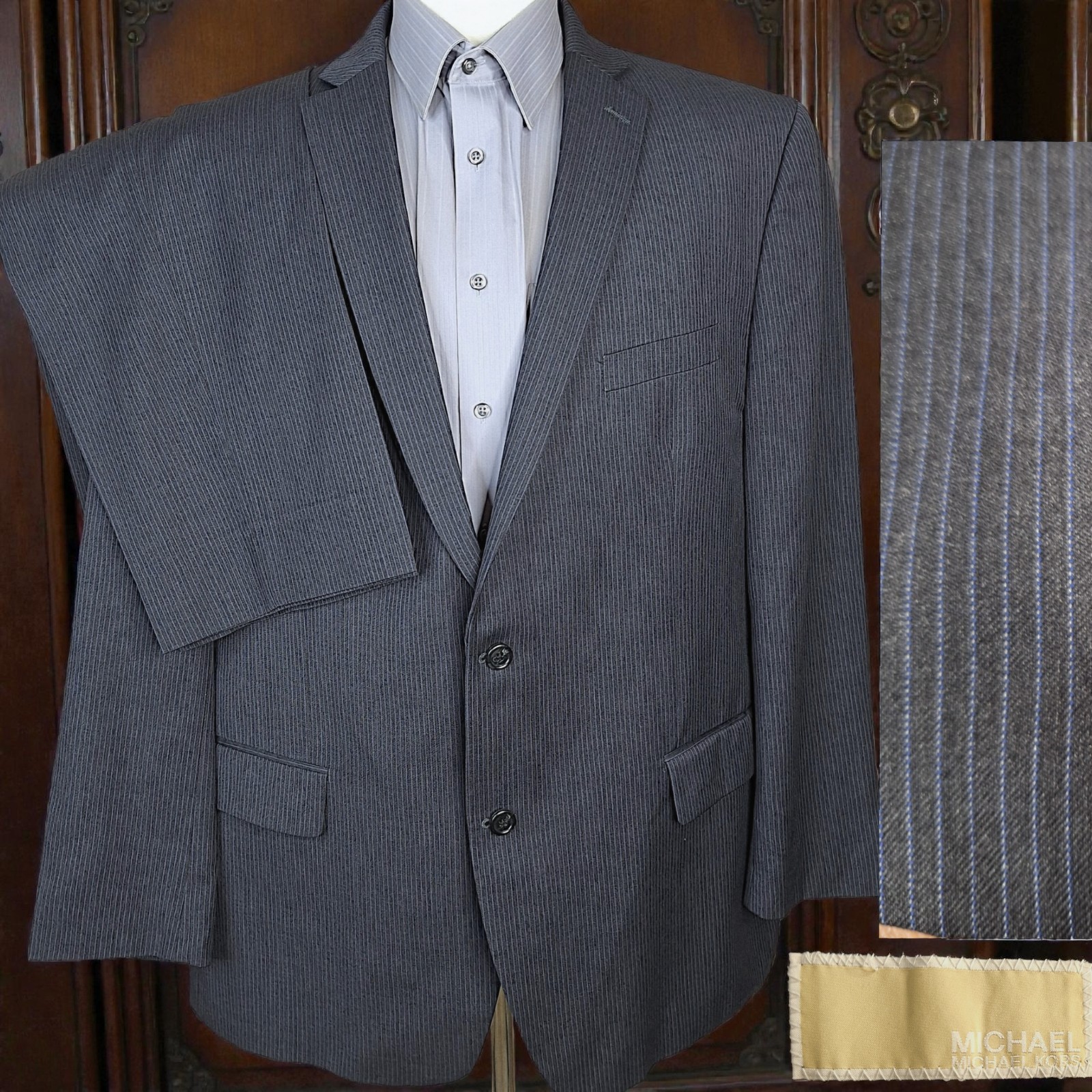 Michael Kors Suit 2 Piece Mens 48R 40X29 Gray Blue Stripe DV Wool
