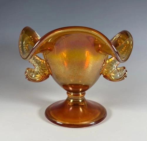 Fenton Compote Dolphin Handles Orange Iridescent