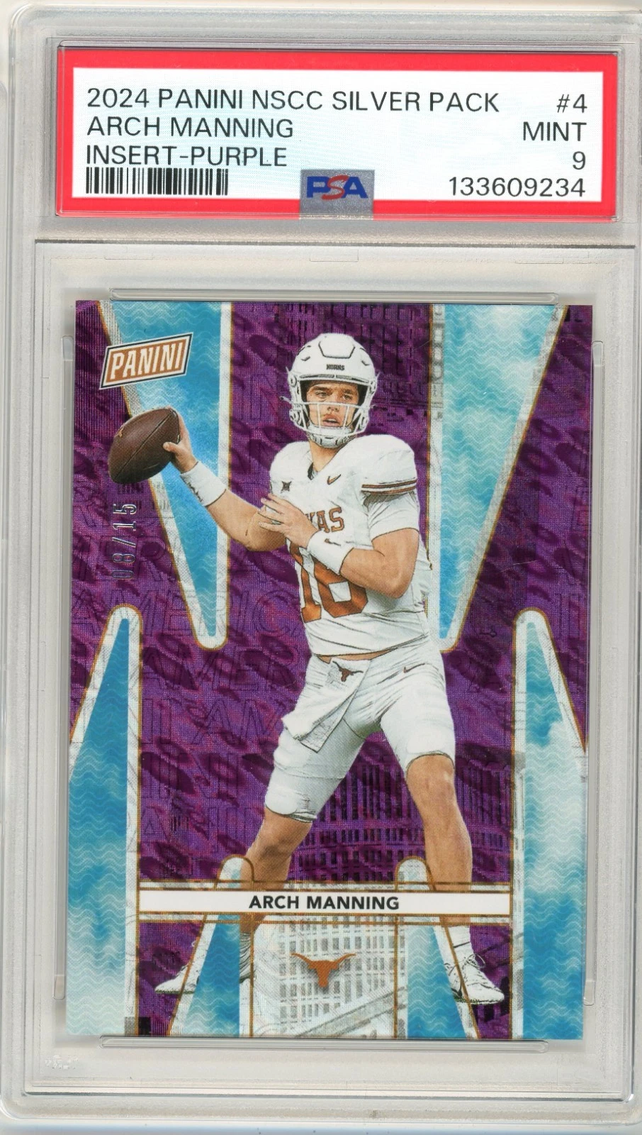 2024 Panini National NSCC Rated Prospects Purple Arch Manning /15 RP4 PSA 9 Mint