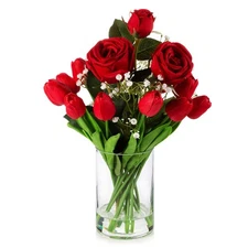 ENOVA FLORAL Red Silk Rose Fake Flowers with Vase, Mixed Real Touch Tulip Art...