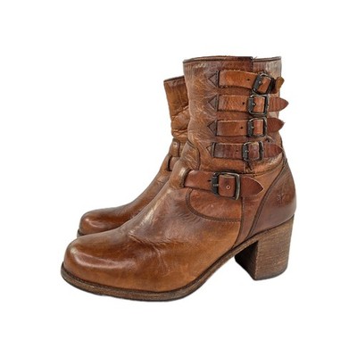 FRYE Kelly Belted Short Boot US 9.5 B Womens Cognac Brown Leather Buckle Boots