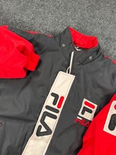 VTG 90s FILA Jacket Large Black Red Spellout Colorblock Full Zip Windbreaker