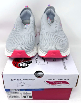 SKECHERS AIR COOLED ARCH FIT GREY HOT PINK LAVENDER WOMENS US SIZE 8 SLIP ONS