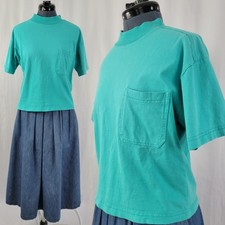 Vintage Somerset Boxy Cropped Cotton Turquoise Tee Shirt w Crew Neck Size 14