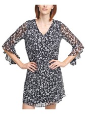 CALVIN KLEIN Womens Black Back Lined 3/4 Sleeve Above The Knee Shift Dress 4