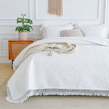 White Tassels Quilt Set 3 Pieces Queen Full Size 90"x90" Soft Microfiber Ligh...