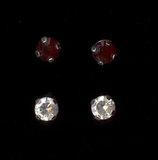 14K 2 Pair Sets Solid White Gold 3mm Round Red  Clear Crystal CZ Earrings hu