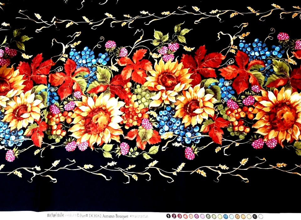 1 1/4 jarda Michael Miller Tecidos 'Bouquet de Outono' #DC8162 Preto com Floral e Frutas - Imagem 3 de 4