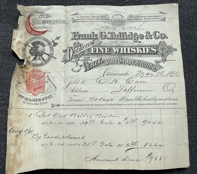 Frank Tullidge Cincinnati Whiskey Bourbon Brandy Billhead Jefferson Ohio 1895