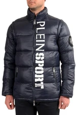 Plein Sport Men's Navy Blue Logo Print Zip Up Parka Vest With Detachable Sleeves