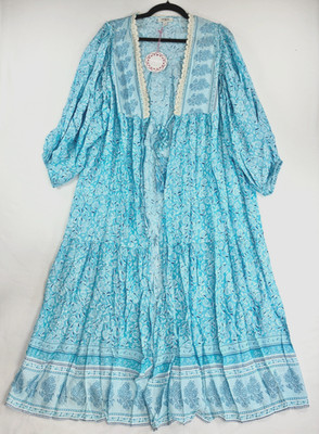 UMGEE Maxi Dress Boho Sky Blue Floral Duster Kimono Lace Tiered Balloon Sleeve
