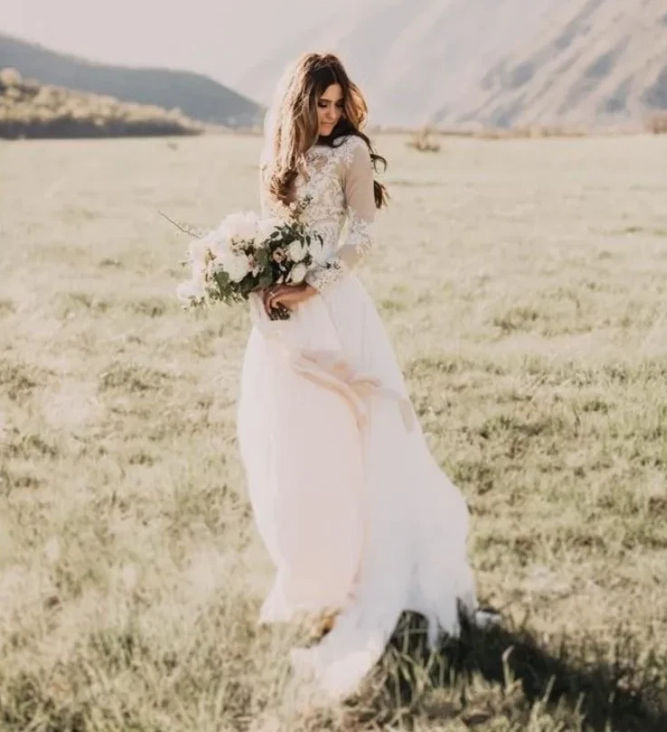 Богемский пляж кружева свадебные платья с чистый длинные рукава бато шеи линия - Изображение 3 из 4