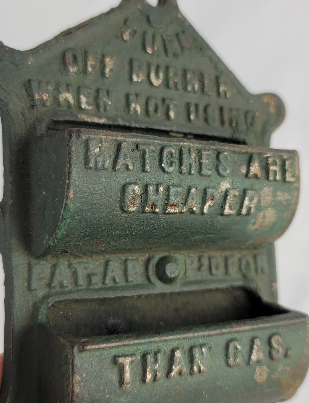 Antique Cast Iron Match Safe Embossed "Matches are Cheaper Than Gas