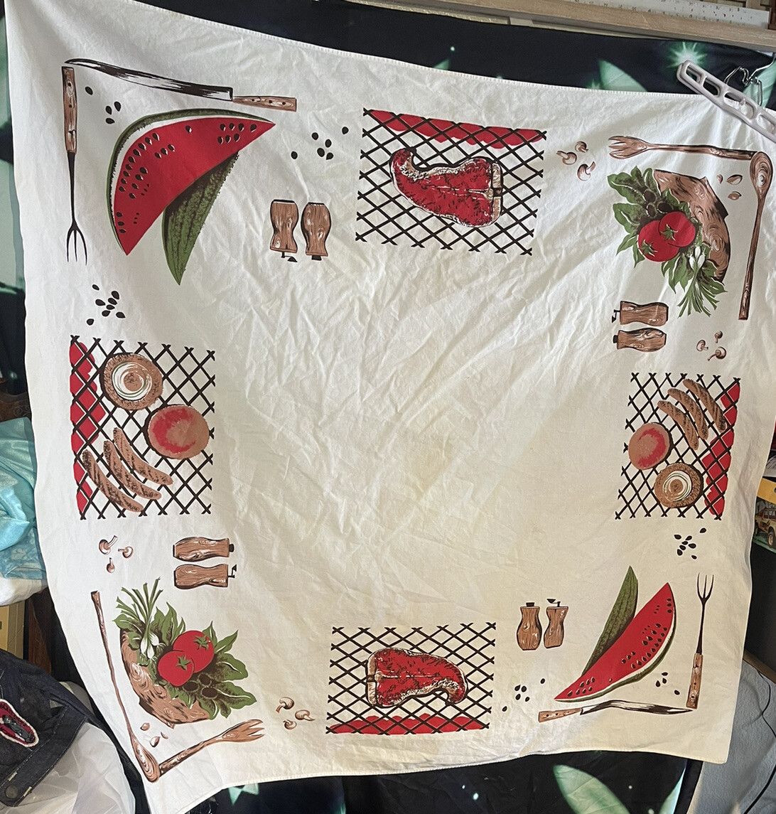 Vintage 'California Hand Prints' Tablecloth picnic steaks grill