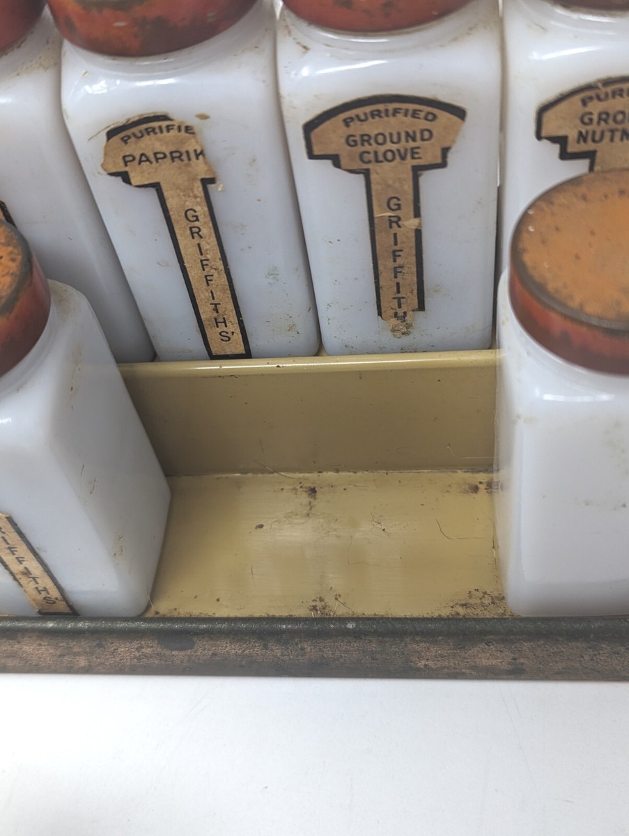 Vintage Griffith's Milk Glass Spice Jars with Red Lids Set of 16