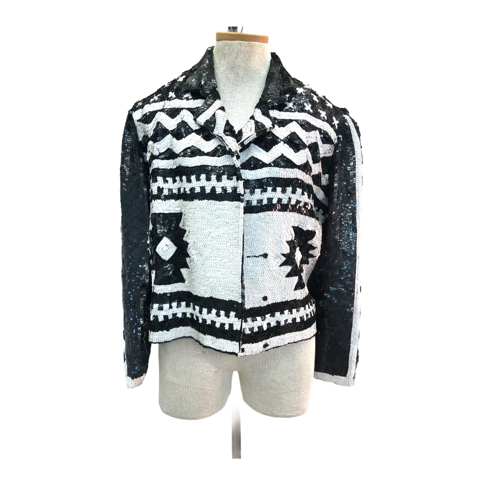 Винтажный винтажный 1980-х 80-х черно-белый блестками длинным рукавом куртка - Изображение 4 из 4