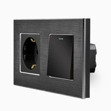 Wippschalter Lichtschalter + Steckdose Schuko Aluminiumrahmen Alu 2Fach Schwarz