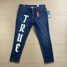 True Religion Jeans Womens 30 Blue Cameron Slim Boyfriend Japanese Denim Patched