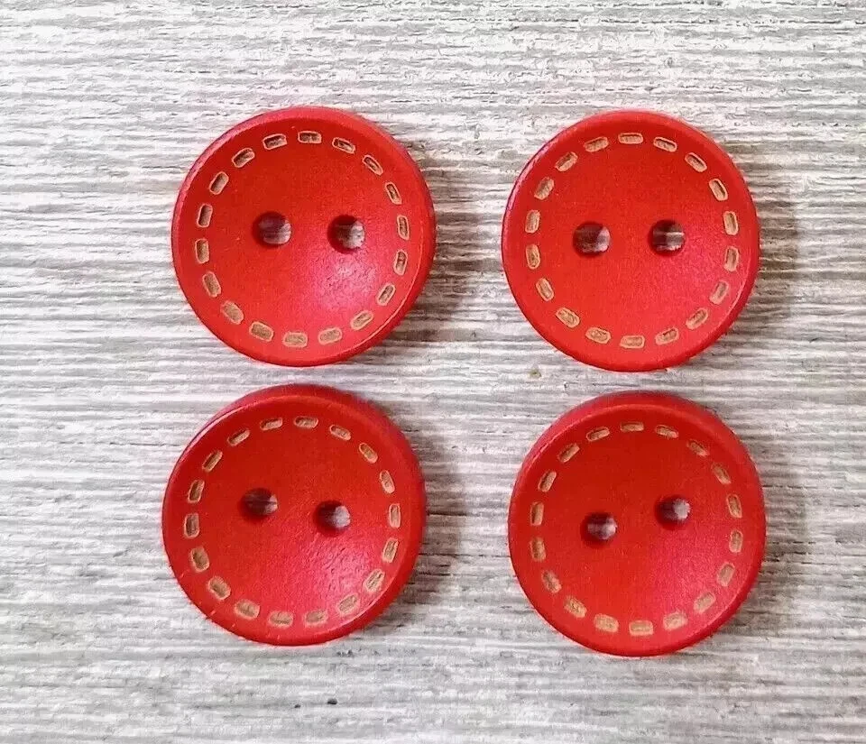 boho colors wood sewing buttons 2 holes red stitches 1/2 inch 4pc set new - Image 2 of 2