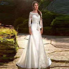 Vintage slim fit long sleeved lace mermaid bride satin wedding dress