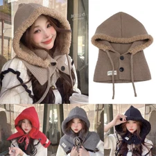 Ladies Warm Snood Collar Windproof Balaclava Hat Hooded Scarf Knitted Hat Cap