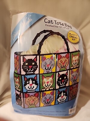 Design Works Crafts Cat Tote Bag Plastic Canvas Kit 1826 Made in USA 12x9x3