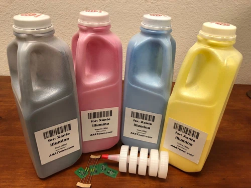 4 x Toner Refill for Xante Ilumina 407, 500, 502 Digital Press + 4 Chip, 4 Fuse