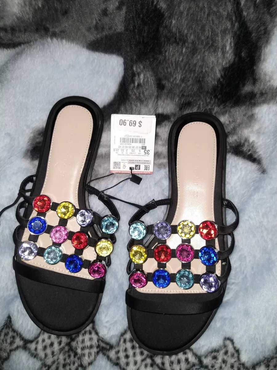 zara flat sandals black with multi Colored Stones size 35 NWT Read description
