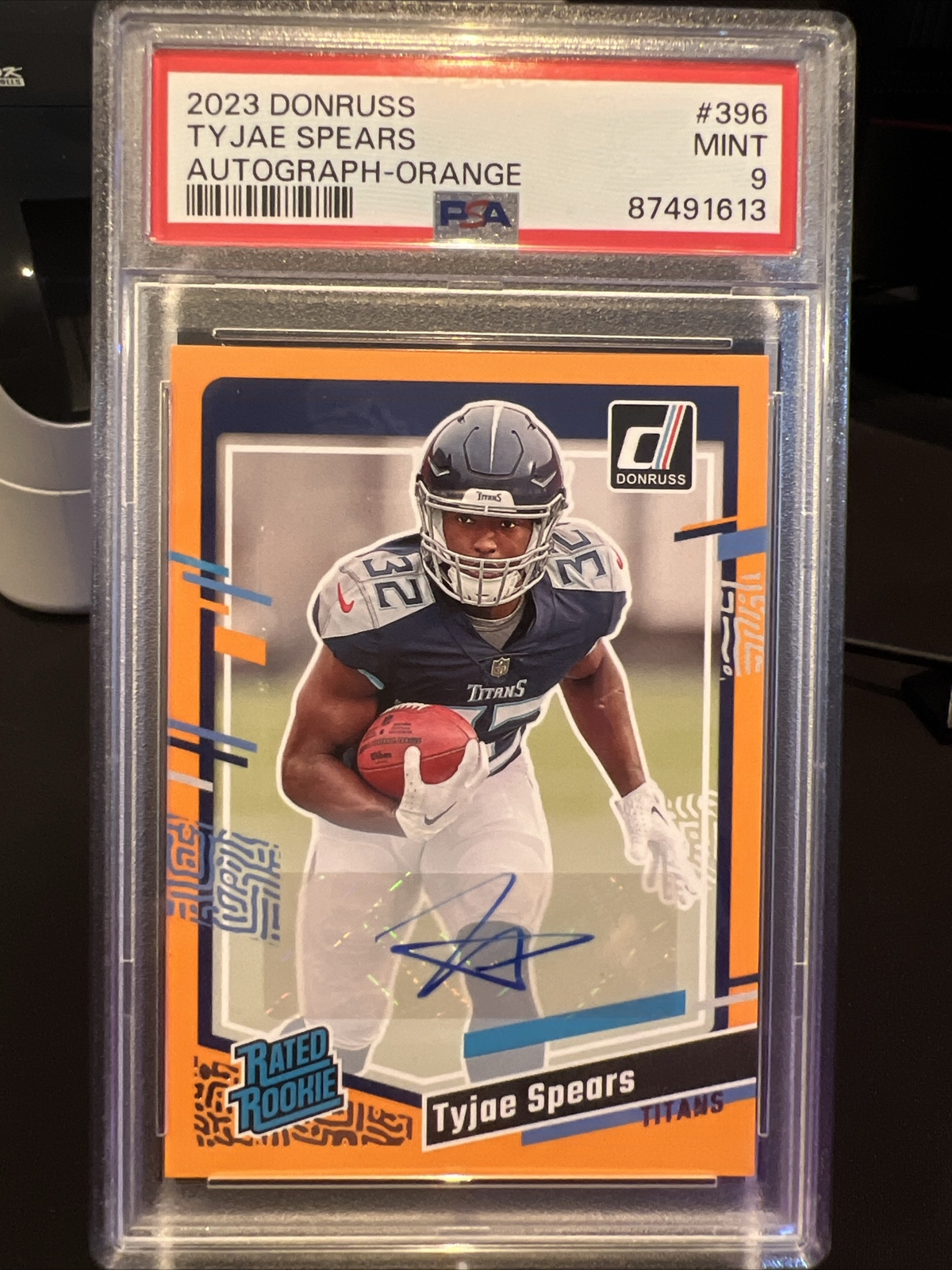 2023 Donruss Tyjae Spears Orange Rated Rookie Autograph RC #396 Titans PSA 9