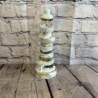 25 cm grün weiß Holz Leuchtturm detaillierte Ornament Maritim Küste Skulptur