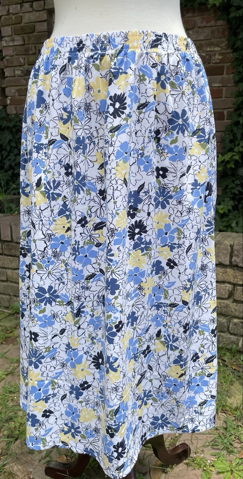 Blair Blue & Yellow Floral Full Skirt with Elastic Waist Medium