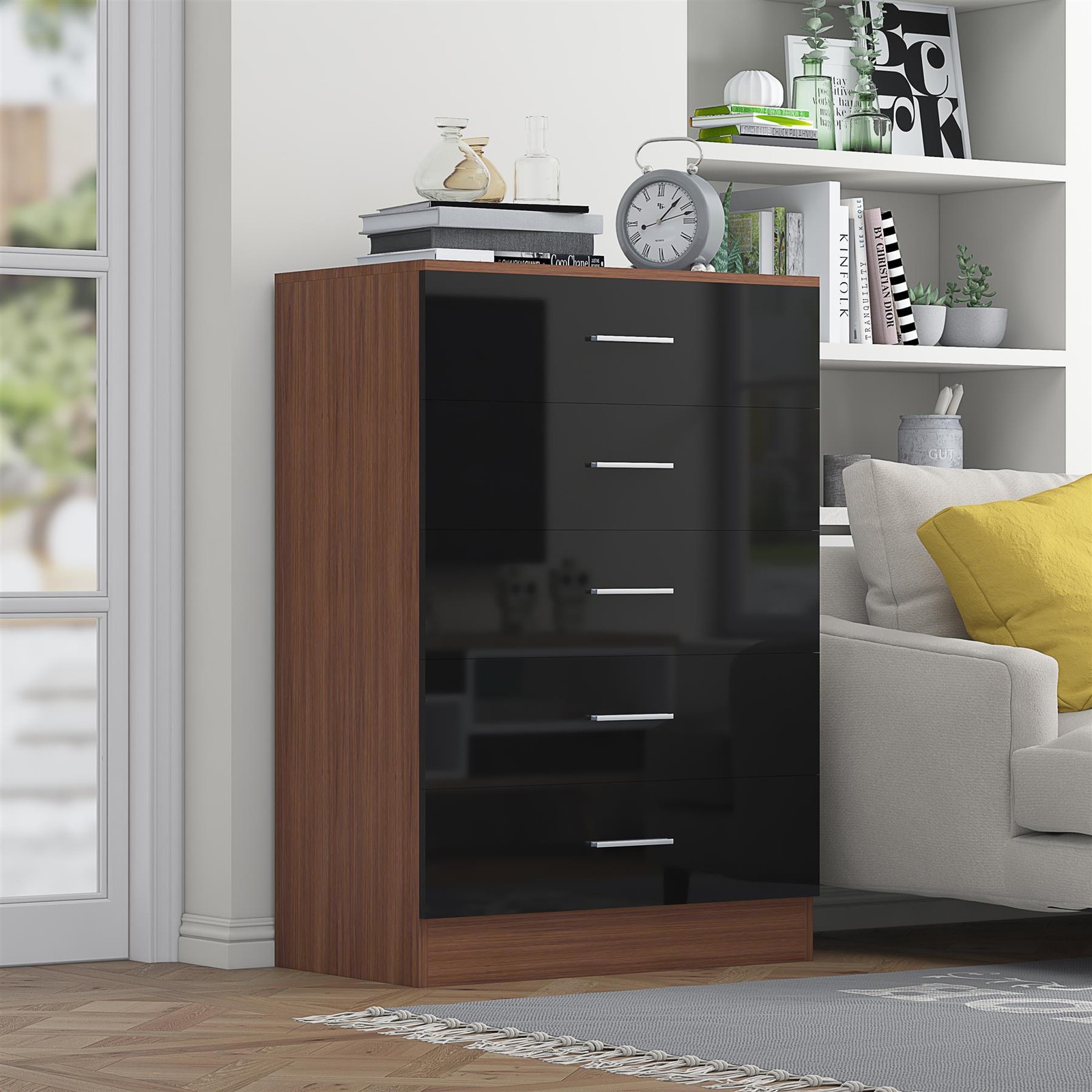 REFLECT Black Gloss Front Tall Chest 5 Drawer - Walnut Matt Carcass - Image 4