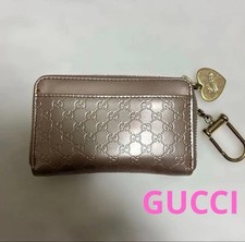 GUCCI Microguccissima Pink Gold Coin Case Key Pouch Heart Charm Key Ring 4.92in
