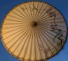 Vintage Parasol Asian Rice Paper Bamboo Hand Painted Birds Flowers Leaves 38"W