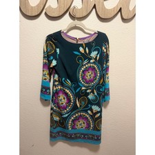 Eliza J Womens Medallion Print Shift Dress Teal Purple 3/4 Sleeve Size 4