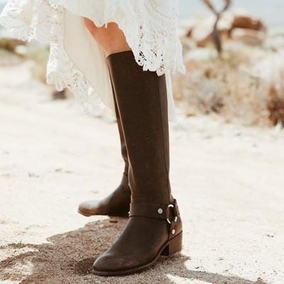 NEW Frye Carson Harness Tall Boots Sz W Black/Brown Distressed