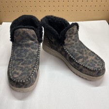Hey Dude Women  s Boots Sz UK 8-US 10 Denny Brown Leopard Print Fur Lined Slip On