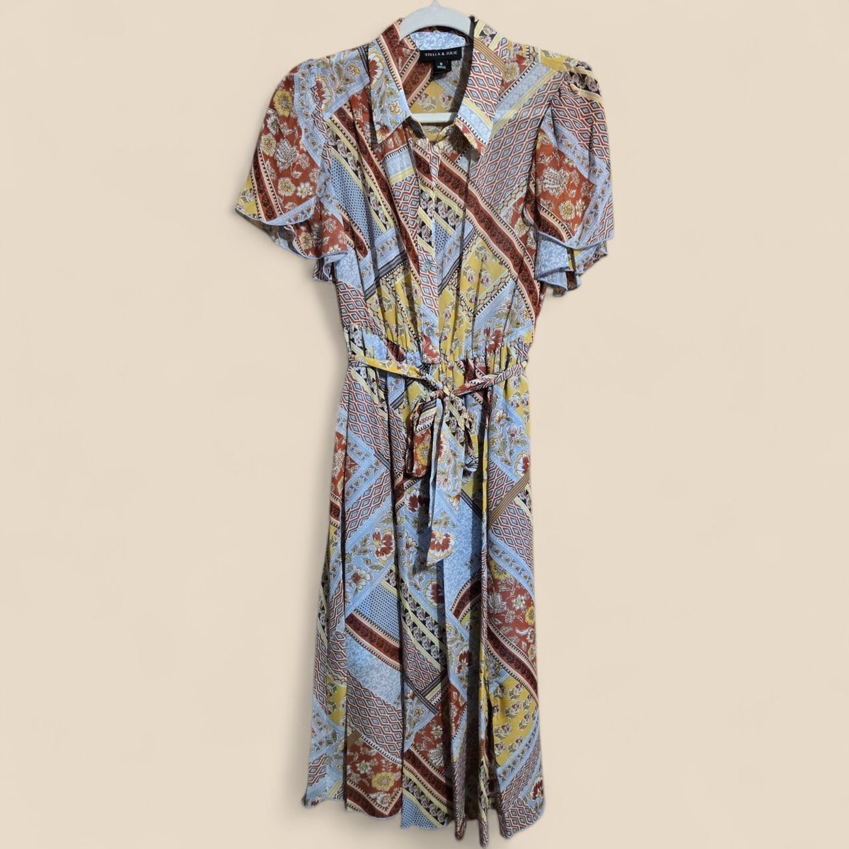 STELLA & JULIE Midi Dress Women Size 8 Boho Patchwork Print Tie Belt Flowy Chic | eBay STELLA & JULIE Midi Dress Women Size 8 Boho Patchwork Print Tie Belt Flowy Chic | eBay