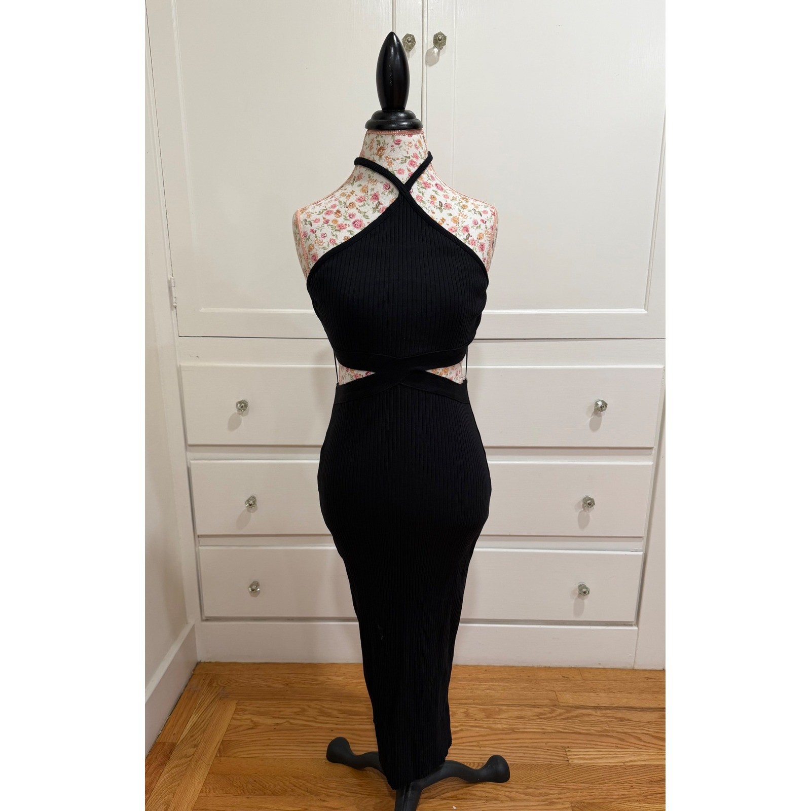 ZARA Black Ribbed Halter Cutout Midi Dress