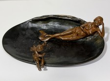 C1910 Art Nouveau Austrian Bronze Vide Poche. Vanity Tray.  Mermaid And Cherub