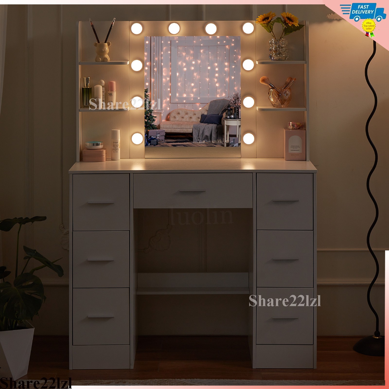 Vanity Set Makeup Desk Dressing Dresser Desk Table with 7 Drawer with Led Lights