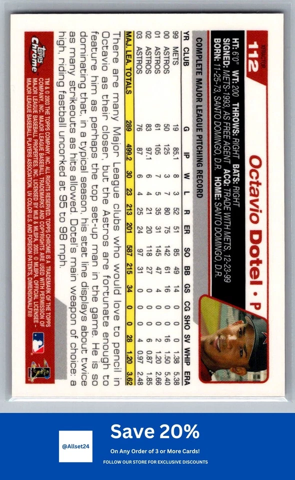 2004 Topps cromo #112 Octavio Dotel rojo X-Fractors Houston Astros I31 Foto 2 de 2